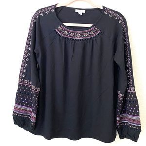 J.Jill Blouse Top Womens Small Embroidered Detail Peasant Black Stretch